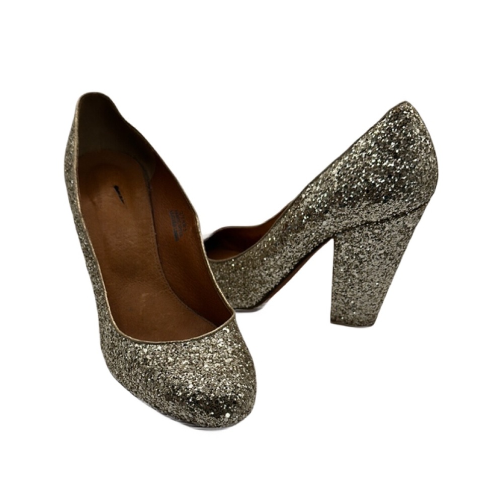 1937 Footwear Sz 9 Sparkling Gold Glitter Block Heels‎ with Rounded Toe Italy